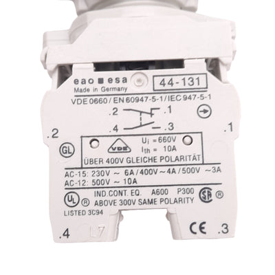 New – Open box EAO 44-747.65 Green Illuminated Maintained Pushbutton, 22mm, 1NO 1NC, 24V Lamp