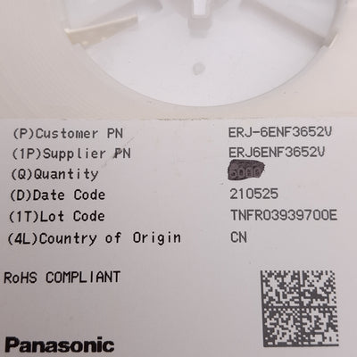 New Lot of 4500 Panasonic ERJ-6ENF3652V Chip Resistor, 36.5k Ohms ± 1%, 0.125W