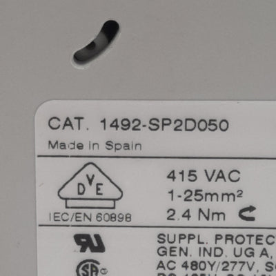 Used Allen Bradley 1492-SP2D050 Circuit Breaker, 2-Pole, 5A 415VAC, DIN Rail