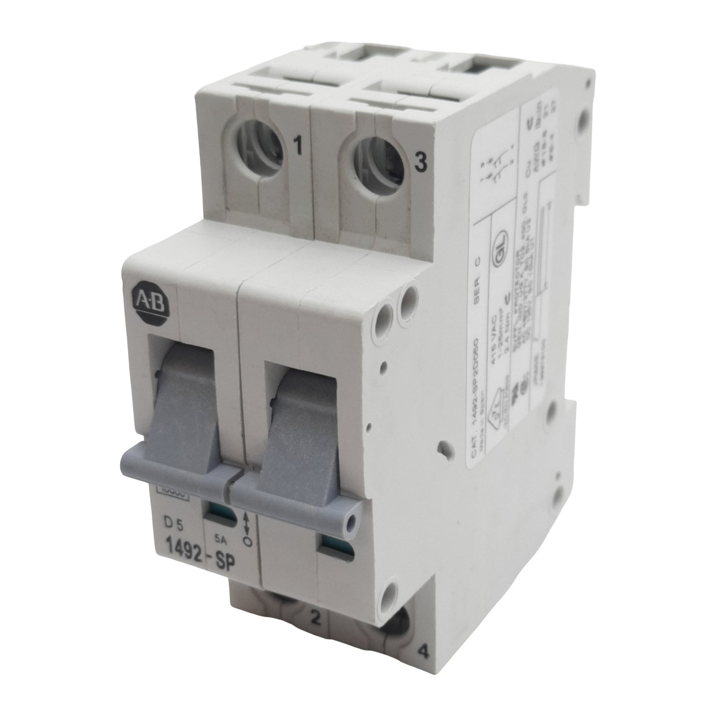 Used Allen Bradley 1492-SP2D050 Circuit Breaker, 2-Pole, 5A 415VAC, DIN Rail