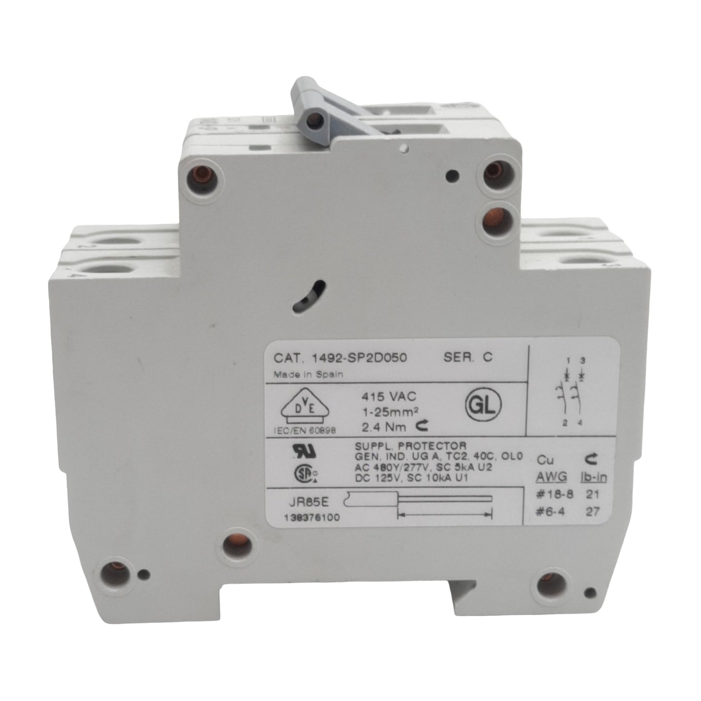 Used Allen Bradley 1492-SP2D050 Circuit Breaker, 2-Pole, 5A 415VAC, DIN Rail