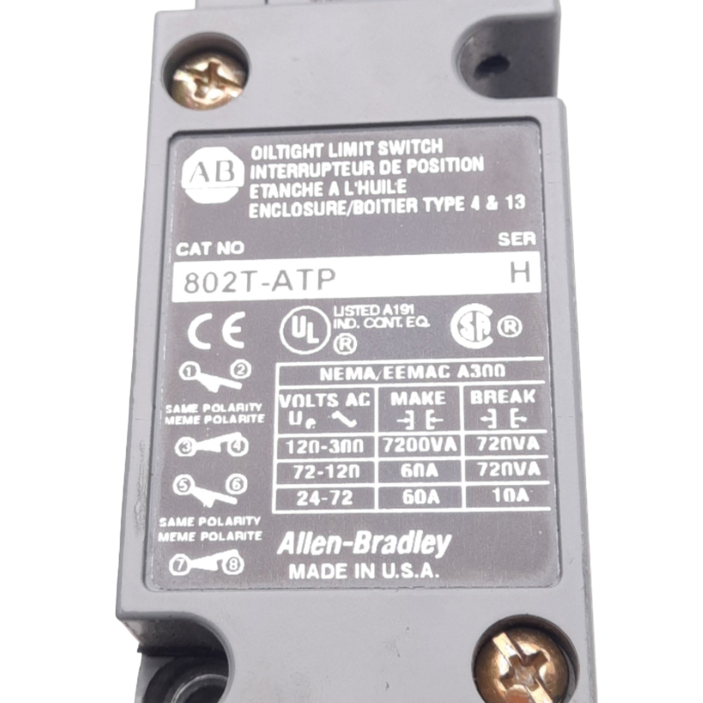 Used Allen Bradley 802T-ATP Oiltight Limit Switch, 2NO 2NC, 1/2in NPT, 600V Max