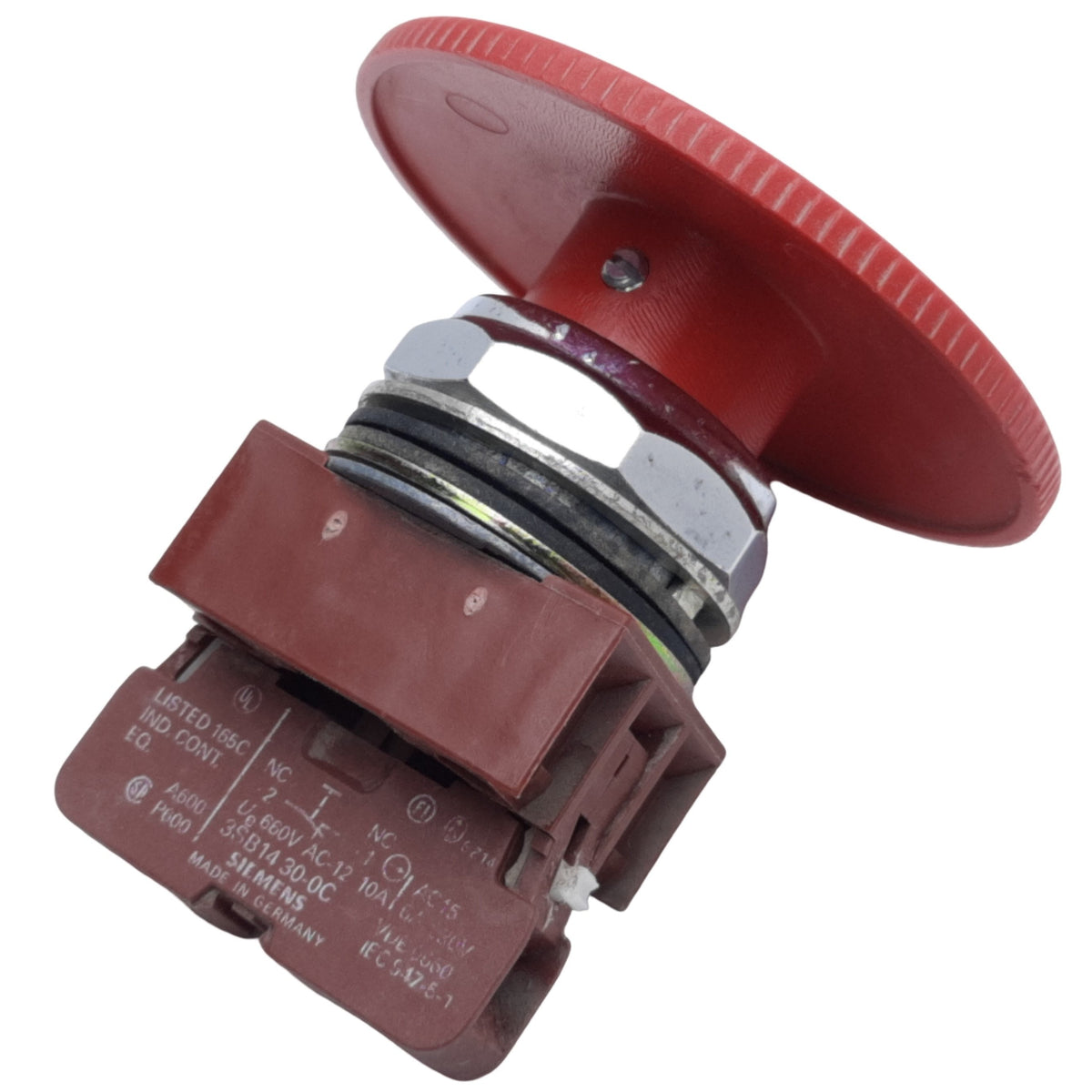 Used Siemens 3SB14 30-0C E-Stop Push-Twist Button Maintained, ø70mm, 1NC, 10A 660VAC