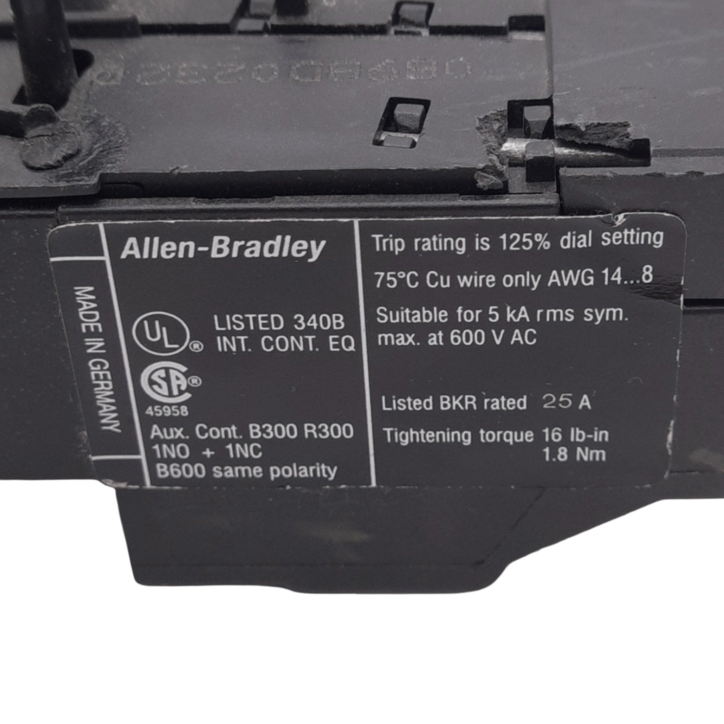 Used Allen Bradley 193-TAB24 Thermal Overload Relay, 1.6-2.4A, 1NO+1NC Aux, 600V Max