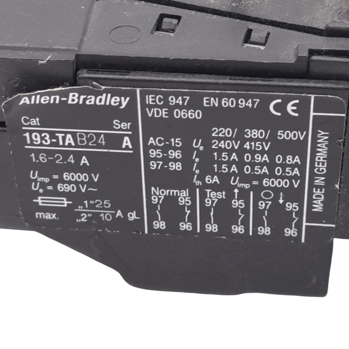 Used Allen Bradley 193-TAB24 Thermal Overload Relay, 1.6-2.4A, 1NO+1NC Aux, 600V Max