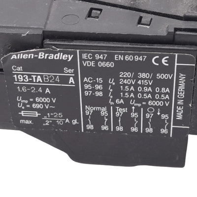 Used Allen Bradley 193-TAB24 Thermal Overload Relay, 1.6-2.4A, 1NO+1NC Aux, 600V Max