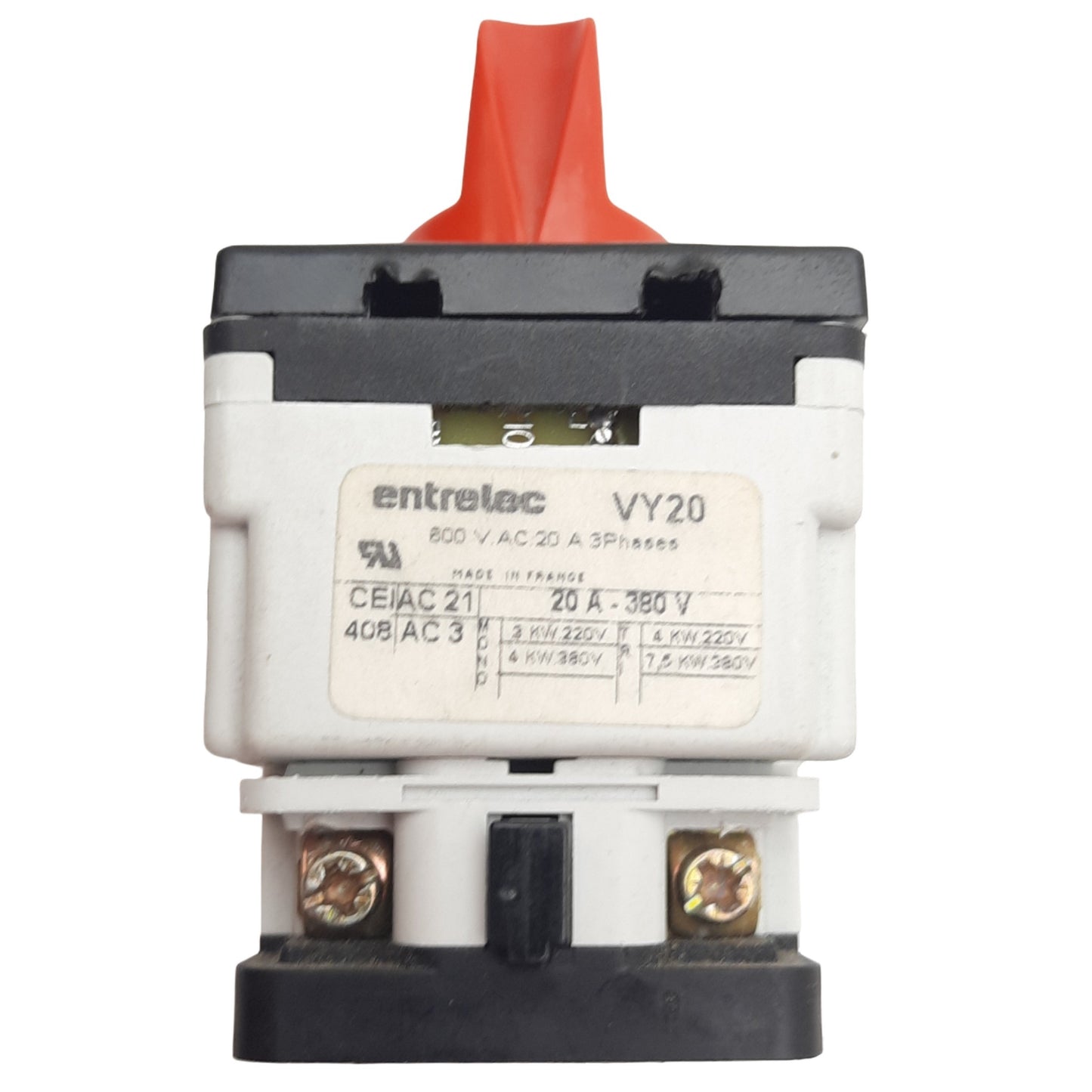 Used Entrelec VY20 2-Position Rotary Cam Switch 600VAC 3-Phase, 20A, 1 Stage