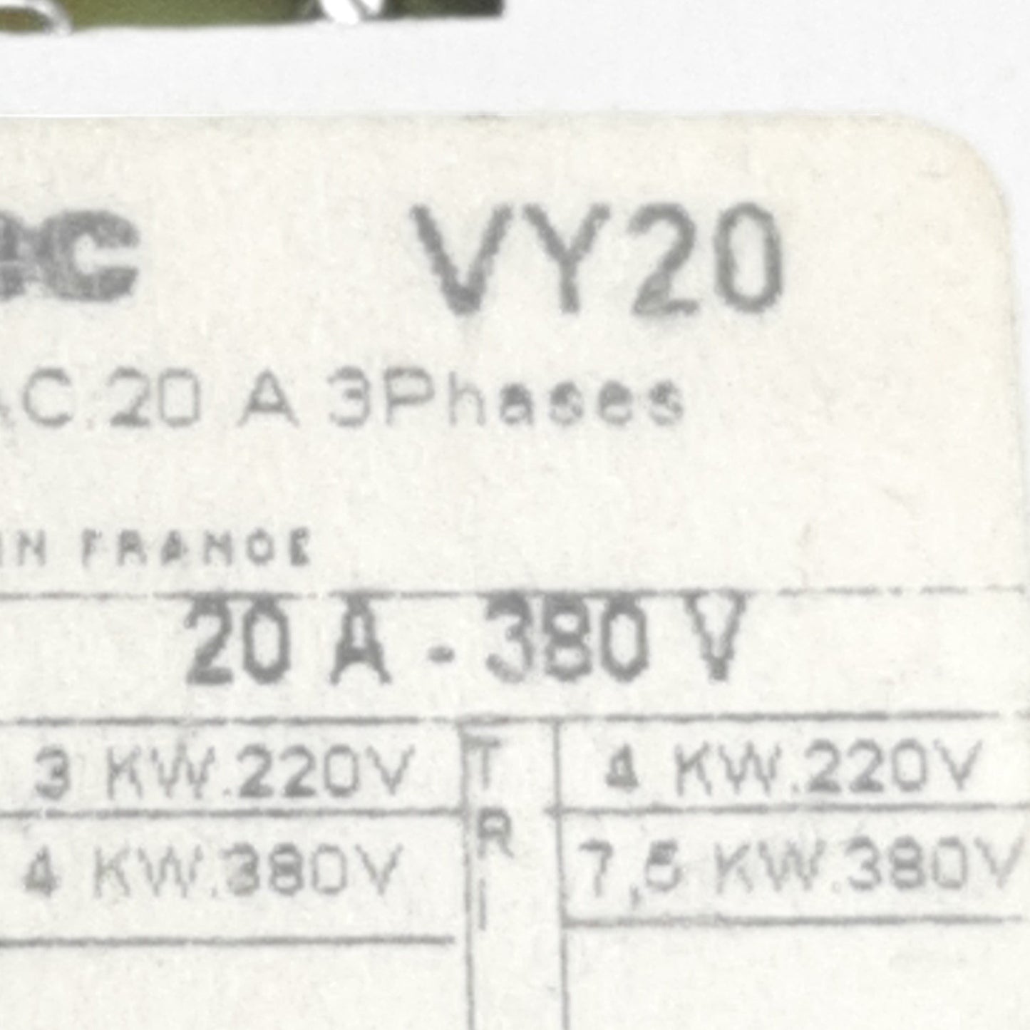 Used Entrelec VY20 2-Position Rotary Cam Switch 600VAC 3-Phase, 20A, 1 Stage