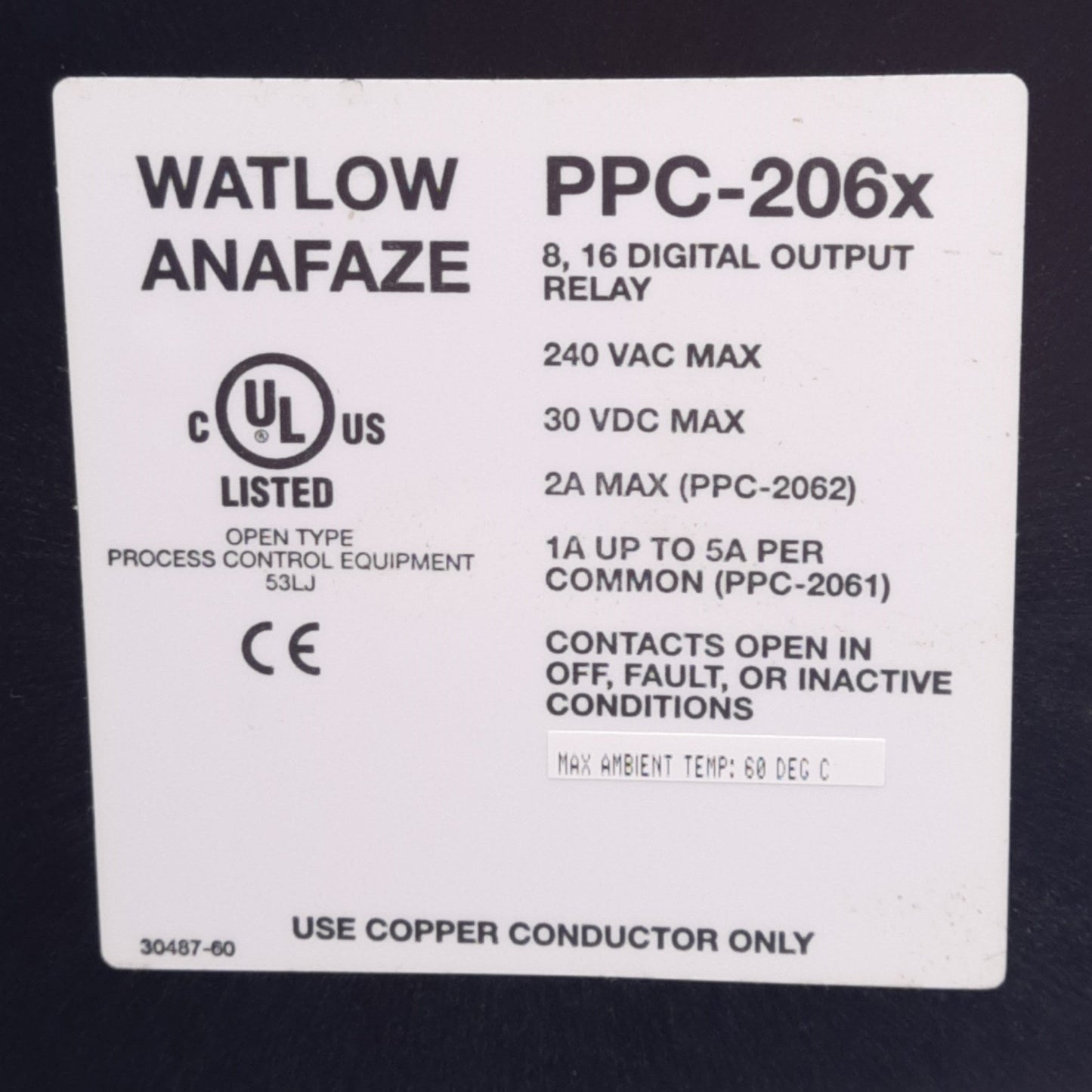 Used Watlow PPC-2062 Digital Output Relay Module, 8 Digital Out, 240VAC/30VDC, 2A Max