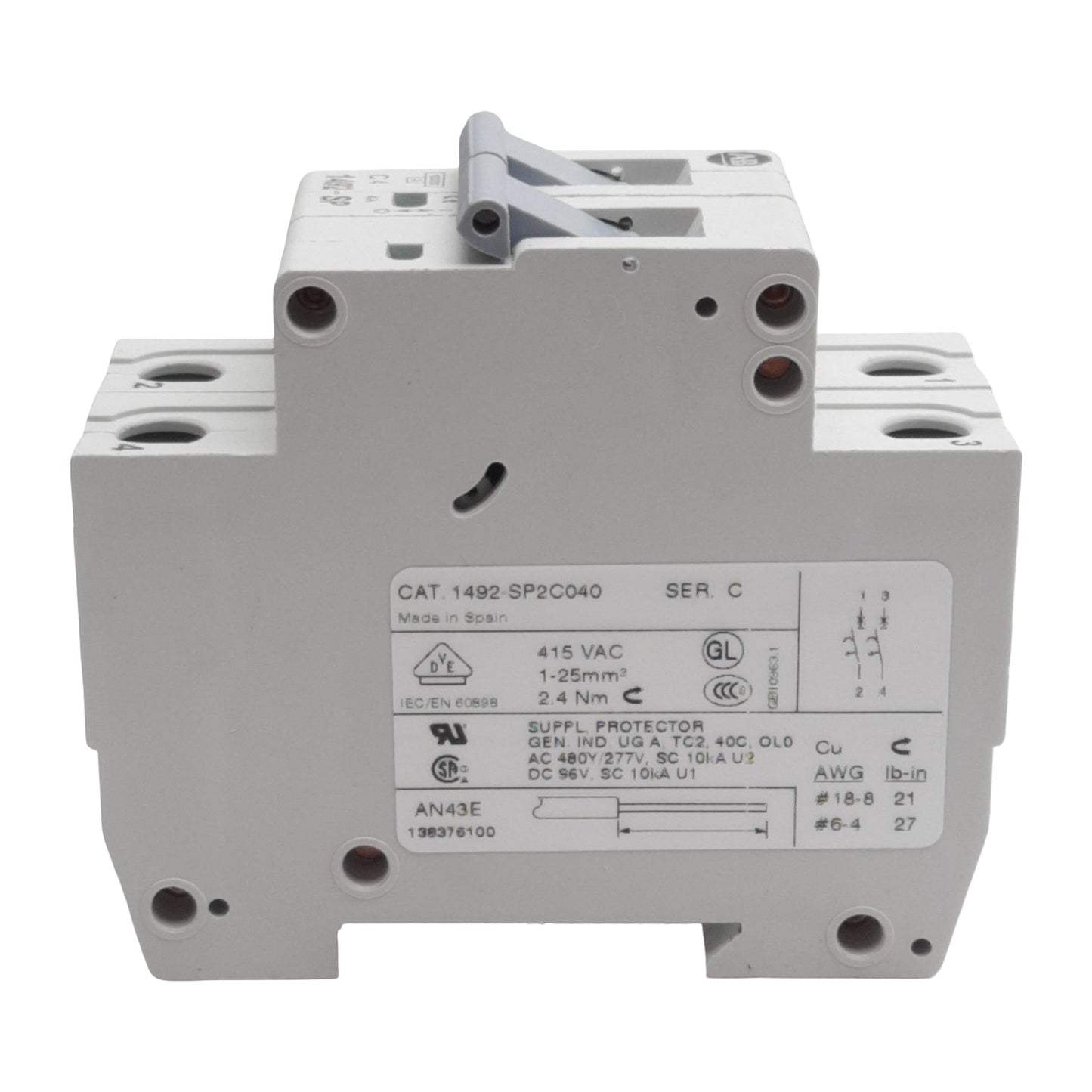 Used Allen Bradley 1492-SP2C040 Circuit Breaker, 2-Pole, 4A 415VAC, DIN Rail