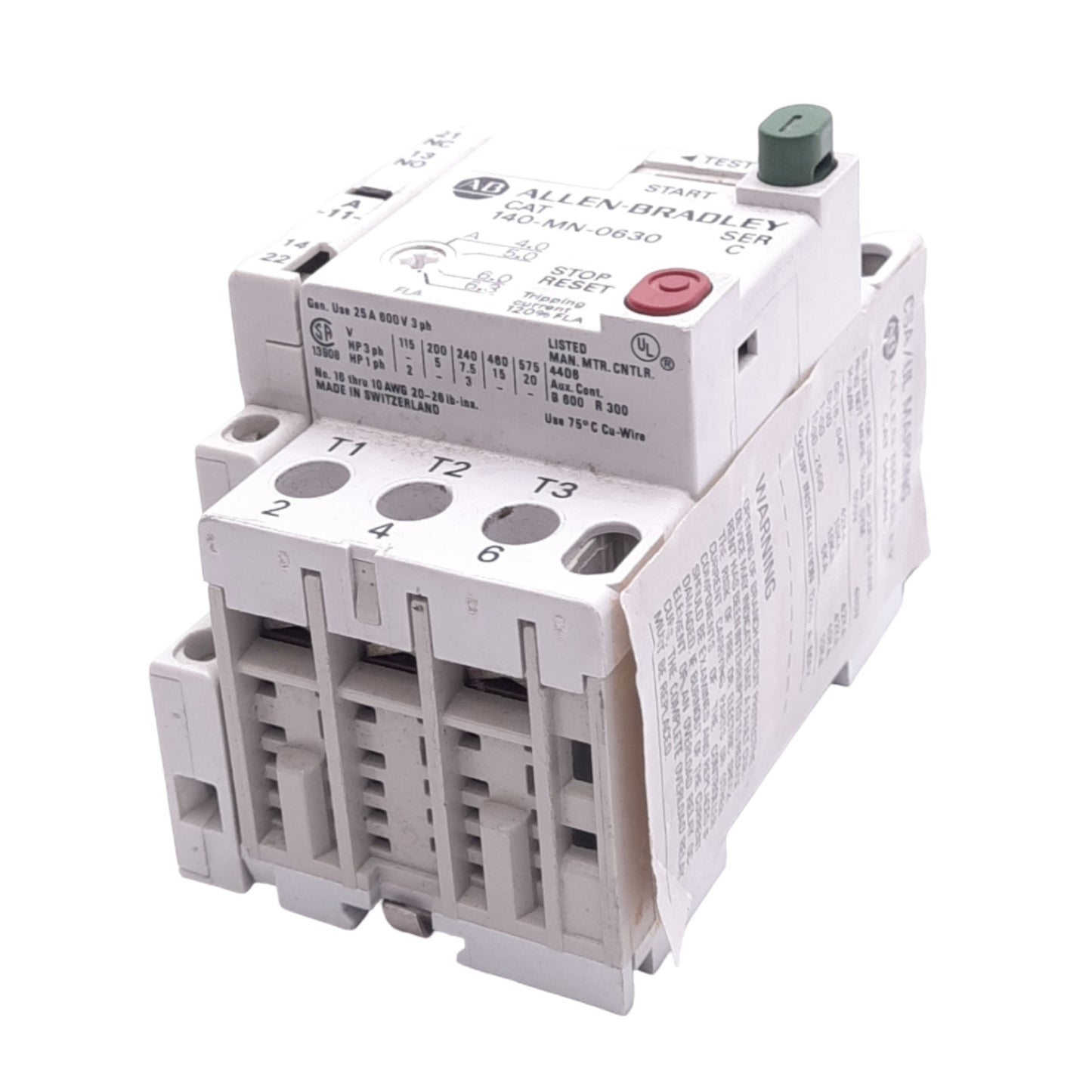 Used Allen Bradley 140-MN-0630 Manual Starter, 3-Pole, 4.0-6.3A, 1NO 1NC Aux, 600VAC
