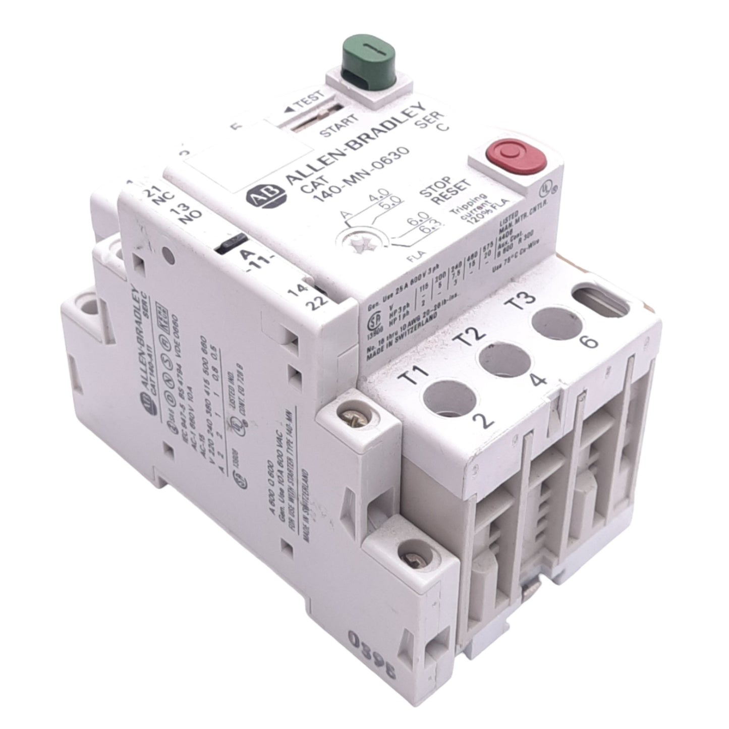 Used Allen Bradley 140-MN-0630 Manual Starter, 3-Pole, 4.0-6.3A, 1NO 1NC Aux, 600VAC