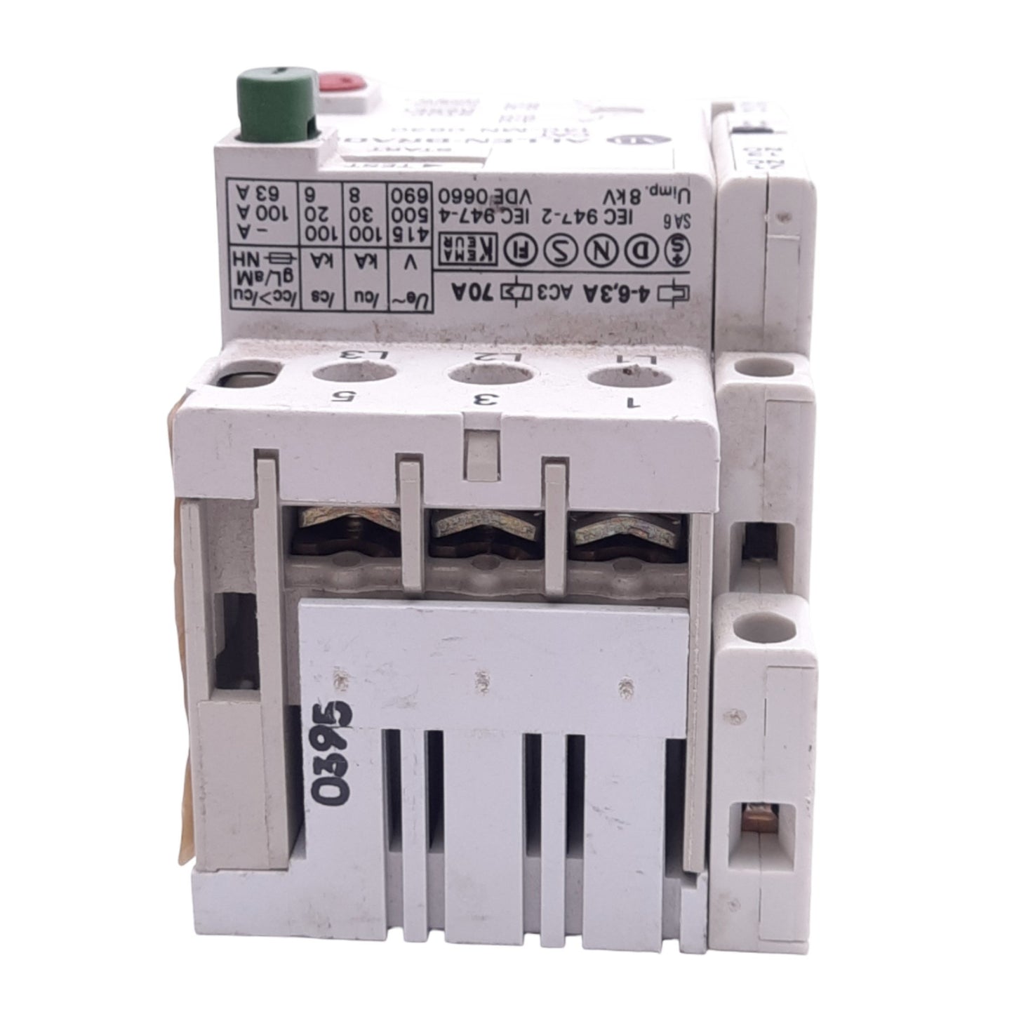 Used Allen Bradley 140-MN-0630 Manual Starter, 3-Pole, 4.0-6.3A, 1NO 1NC Aux, 600VAC