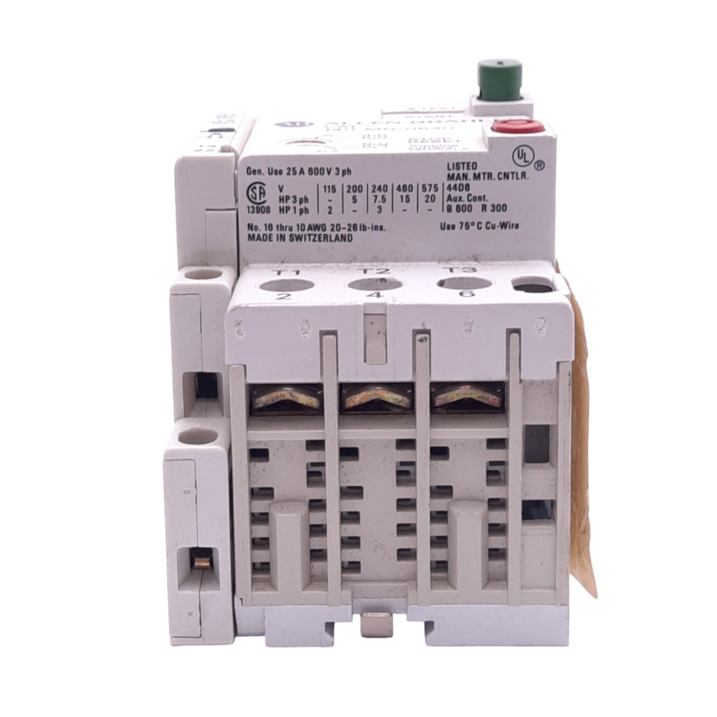 Used Allen Bradley 140-MN-0630 Manual Starter, 3-Pole, 4.0-6.3A, 1NO 1NC Aux, 600VAC