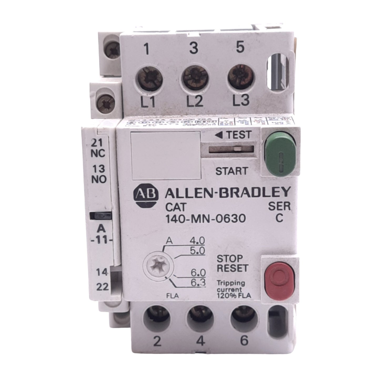Used Allen Bradley 140-MN-0630 Manual Starter, 3-Pole, 4.0-6.3A, 1NO 1NC Aux, 600VAC