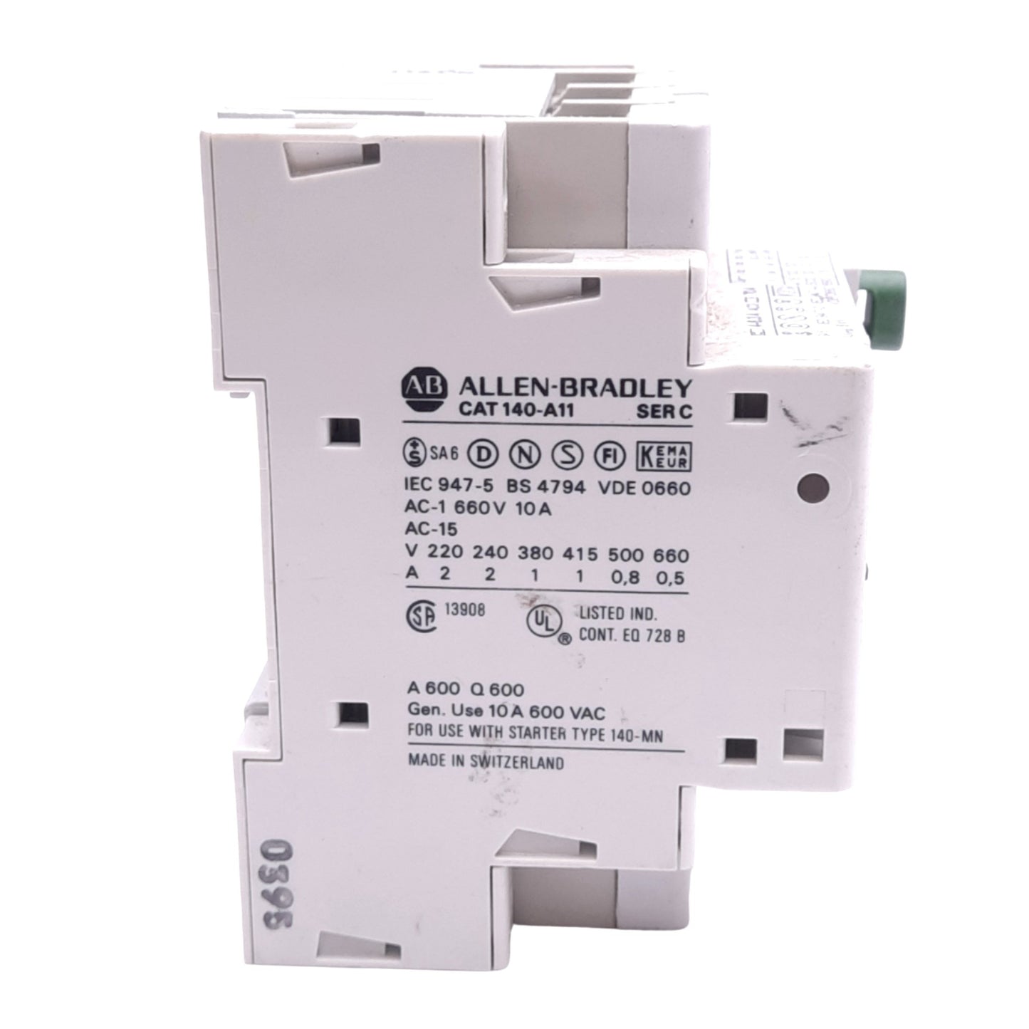 Used Allen Bradley 140-MN-0630 Manual Starter, 3-Pole, 4.0-6.3A, 1NO 1NC Aux, 600VAC