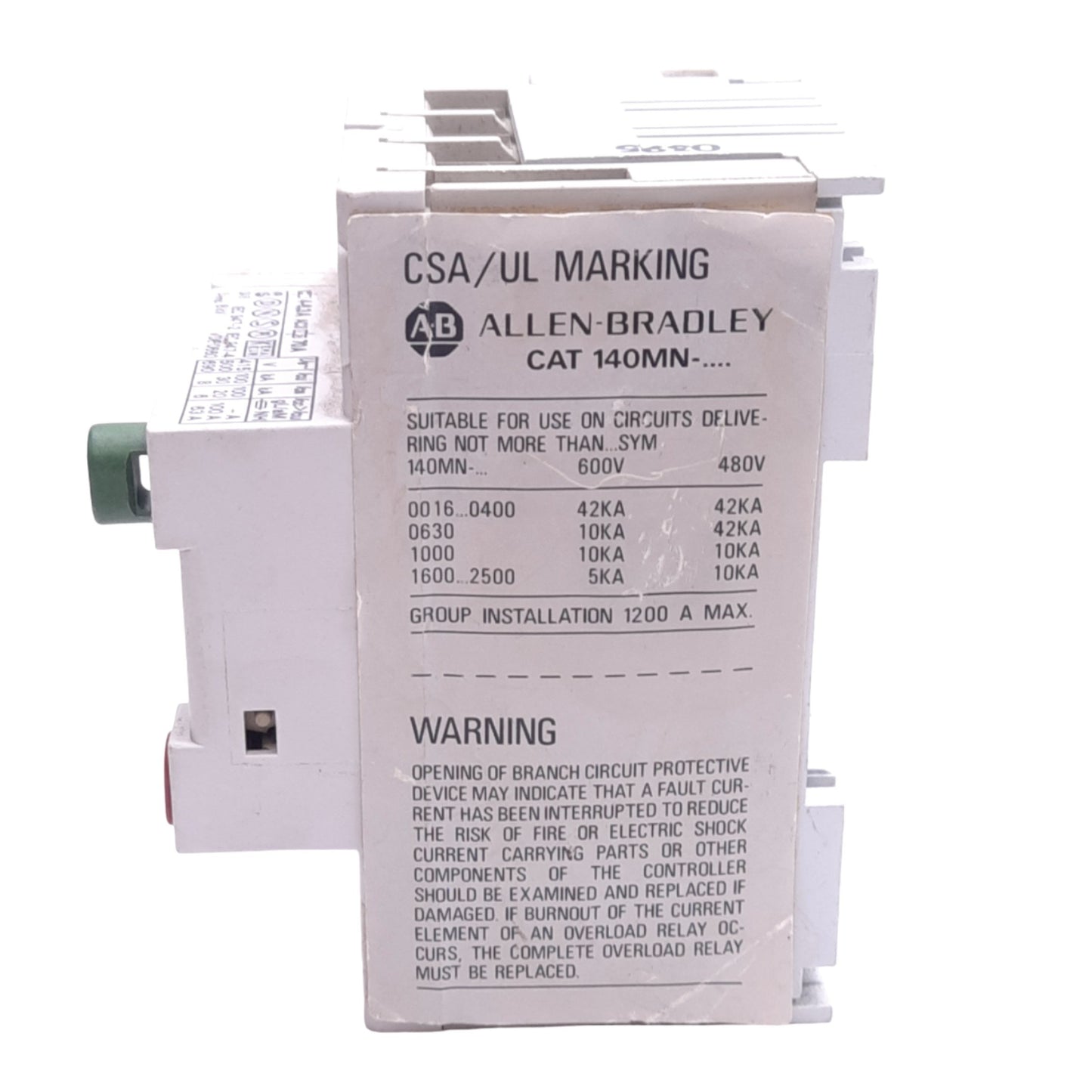 Used Allen Bradley 140-MN-0630 Manual Starter, 3-Pole, 4.0-6.3A, 1NO 1NC Aux, 600VAC