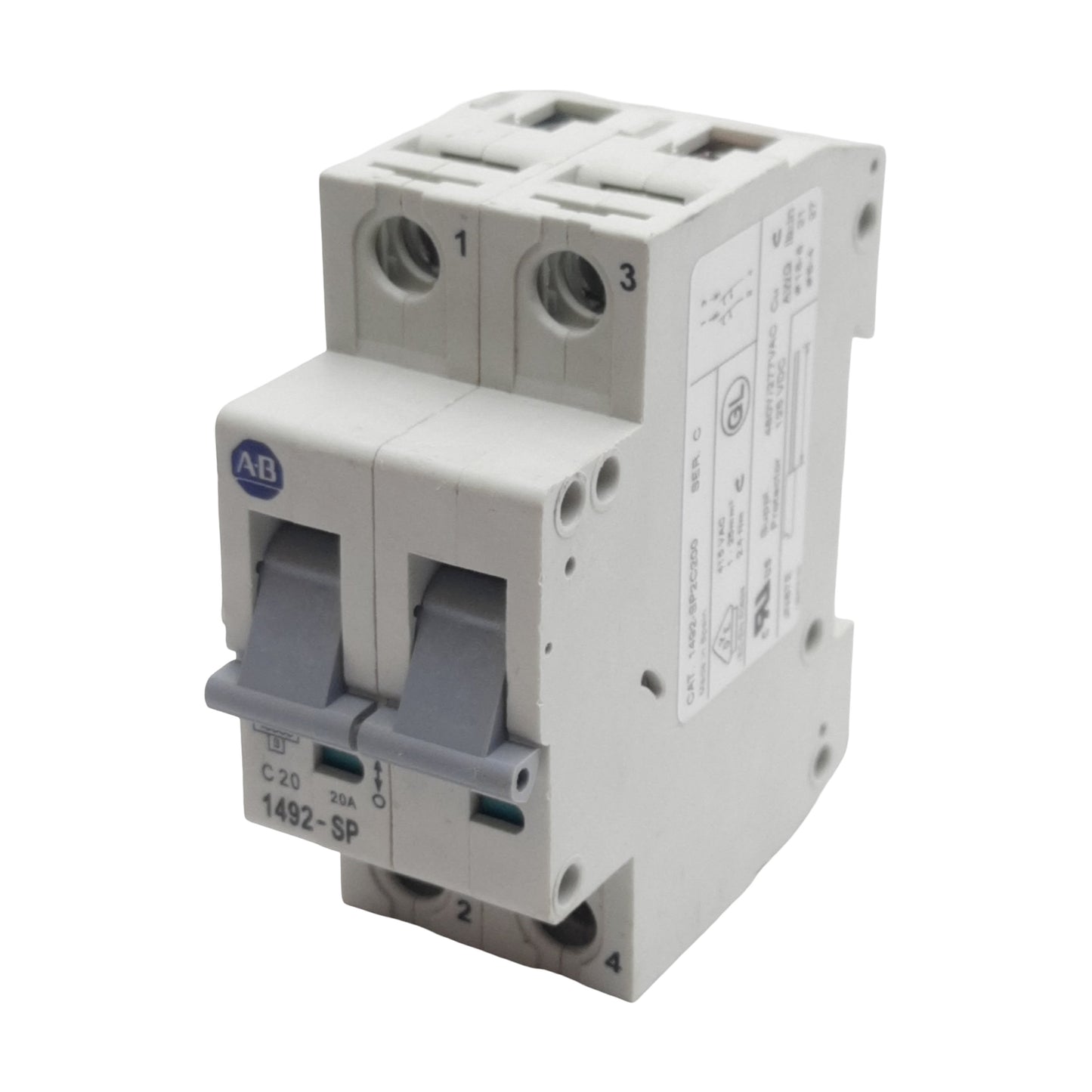 Used Allen Bradley 1492-SP2C200 Circuit Breaker, 2-Pole, 20A 415VAC, DIN Rail