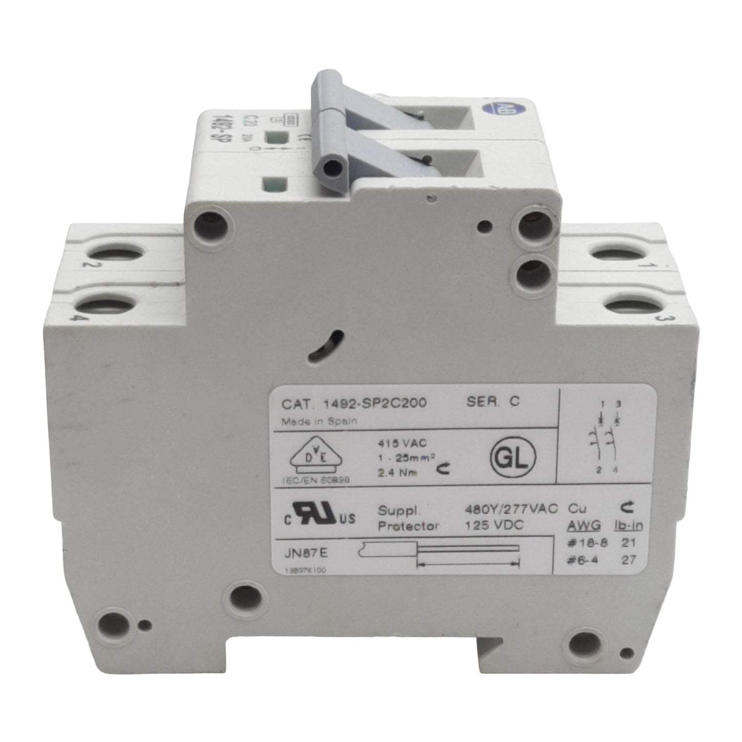 Used Allen Bradley 1492-SP2C200 Circuit Breaker, 2-Pole, 20A 415VAC, DIN Rail