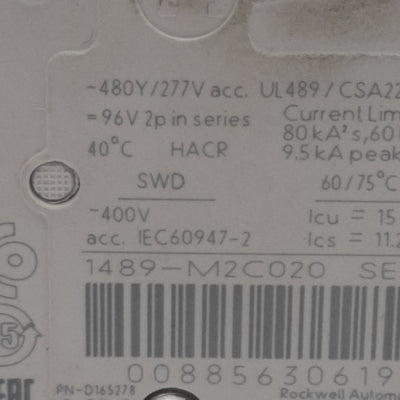 Used Allen Bradley 1489-M2C020 Circuit Breaker, 2-Poles, 2A 400VAC, DIN Rail