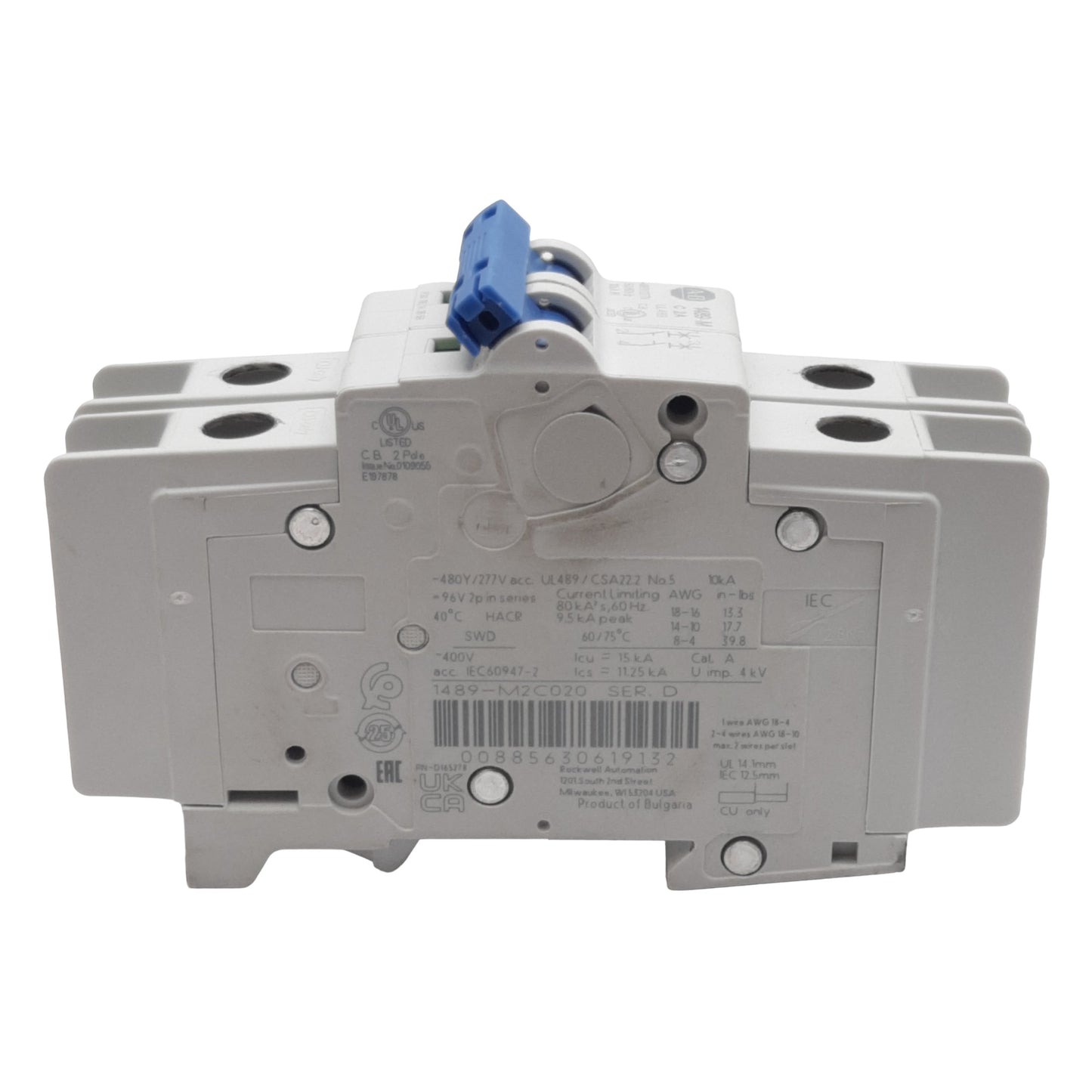 Used Allen Bradley 1489-M2C020 Circuit Breaker, 2-Poles, 2A 400VAC, DIN Rail