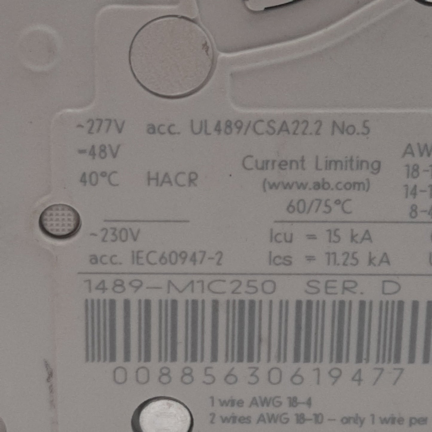 Used Allen Bradley 1489-M1C250 Circuit Breaker, 1-Pole, 25A 230VAC, DIN Rail