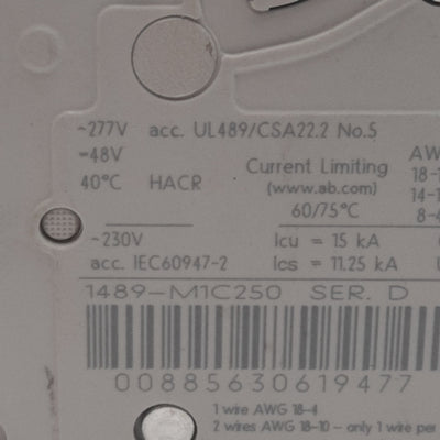 Used Allen Bradley 1489-M1C250 Circuit Breaker, 1-Pole, 25A 230VAC, DIN Rail