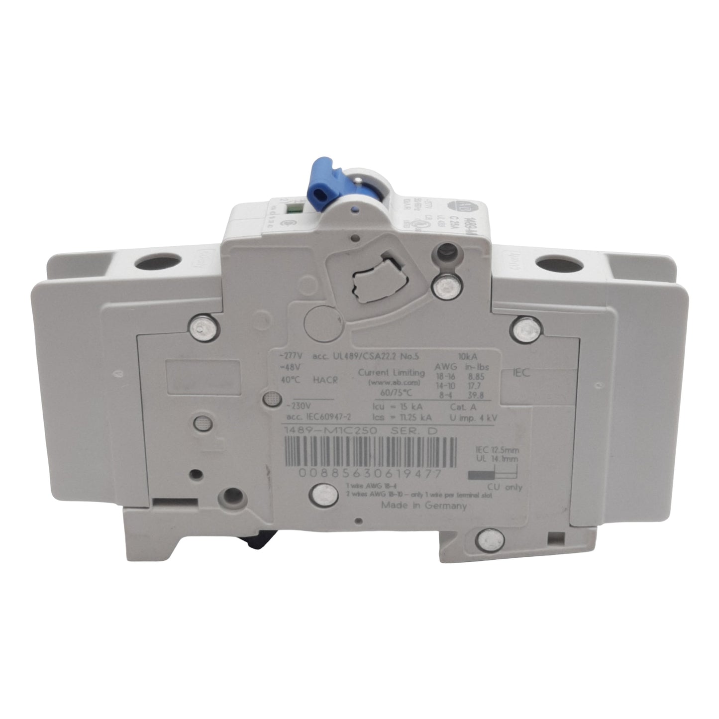 Used Allen Bradley 1489-M1C250 Circuit Breaker, 1-Pole, 25A 230VAC, DIN Rail