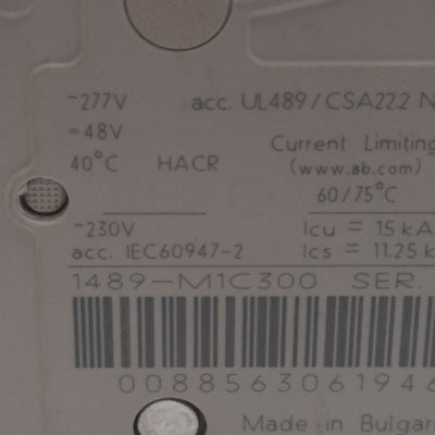 Used Allen Bradley 1489-M1C300 Circuit Breaker, 1-Pole, 30A 277VAC/48VDC, DIN Rail