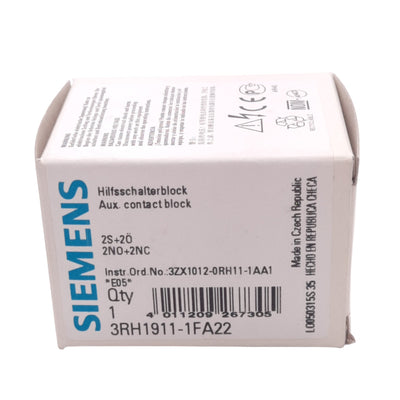 New Siemens 3RH1911-1FA22 Auxiliary Contact Block, 2NO 2NC, 690VAC 10A Max