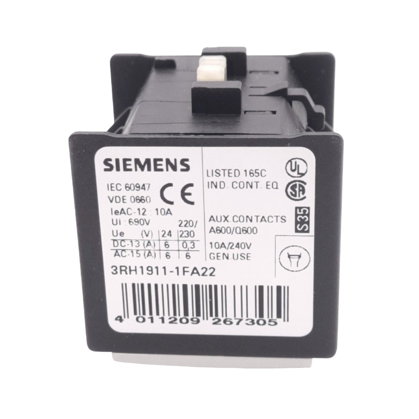 New Siemens 3RH1911-1FA22 Auxiliary Contact Block, 2NO 2NC, 690VAC 10A Max