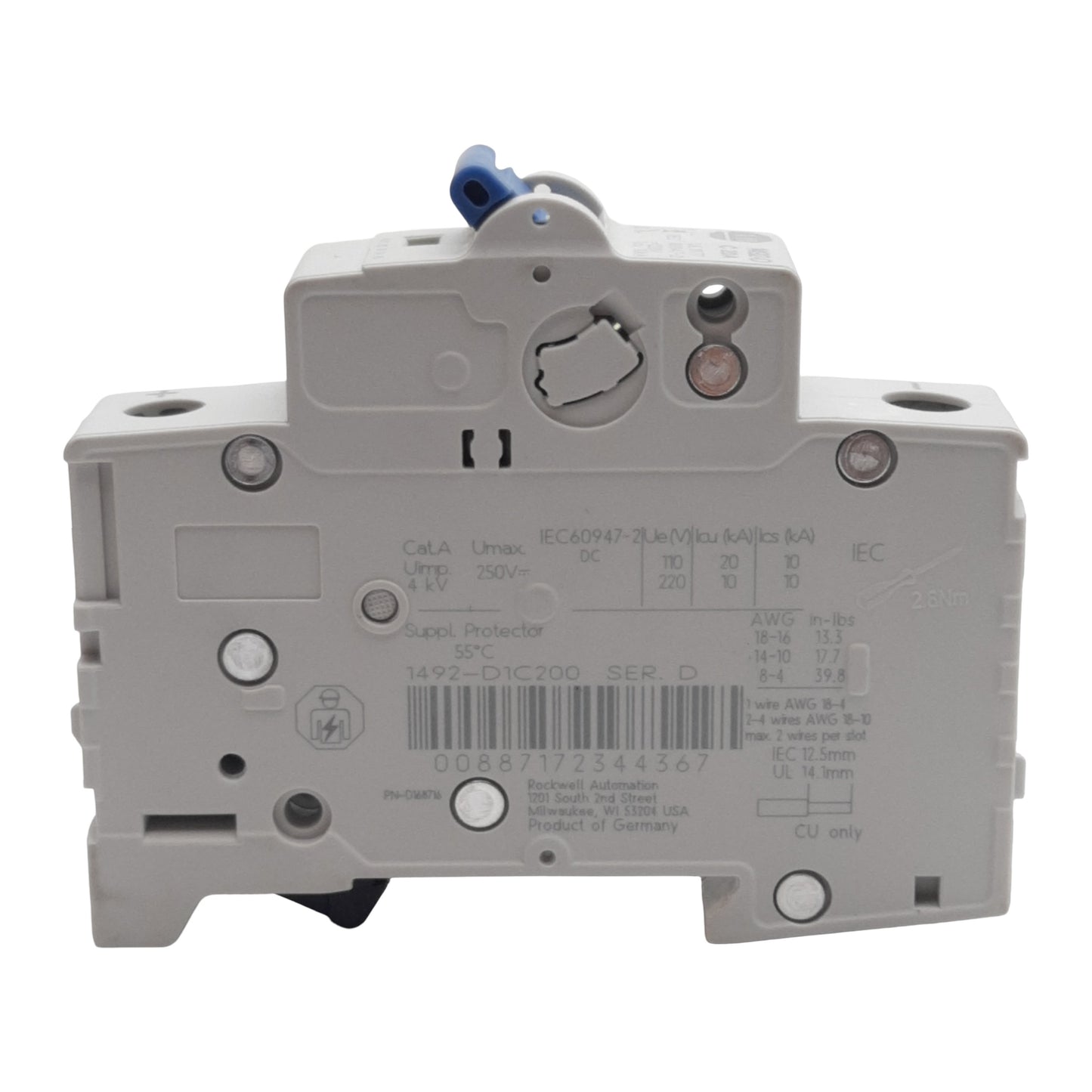 Used Allen Bradley 1492-D1C200 Circuit Breaker, 1-Pole, 20A 250VDC, DIN Rail