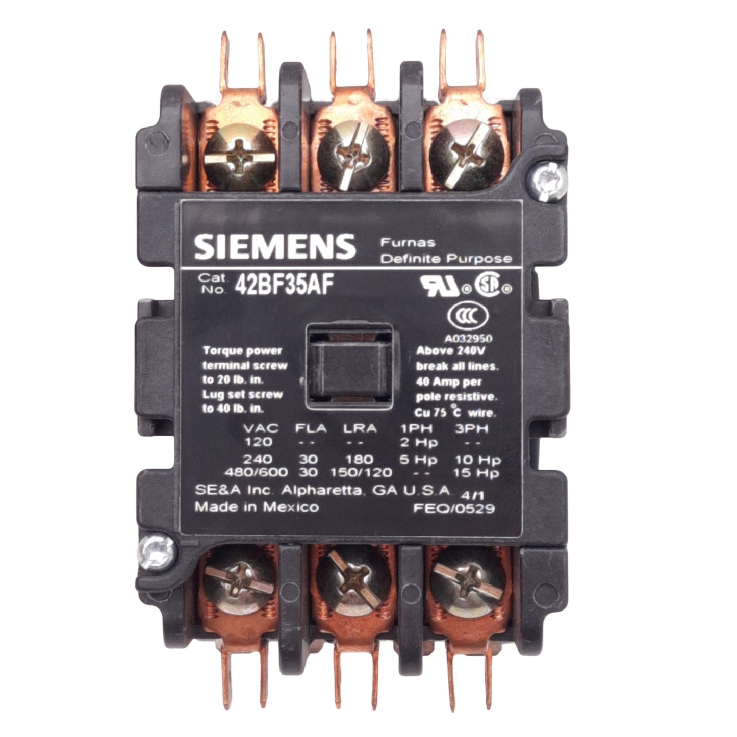 New Siemens 42BF35AF Definite Purpose Contactor, 3NO, 600VAC 30A Max, 120VAC Coil