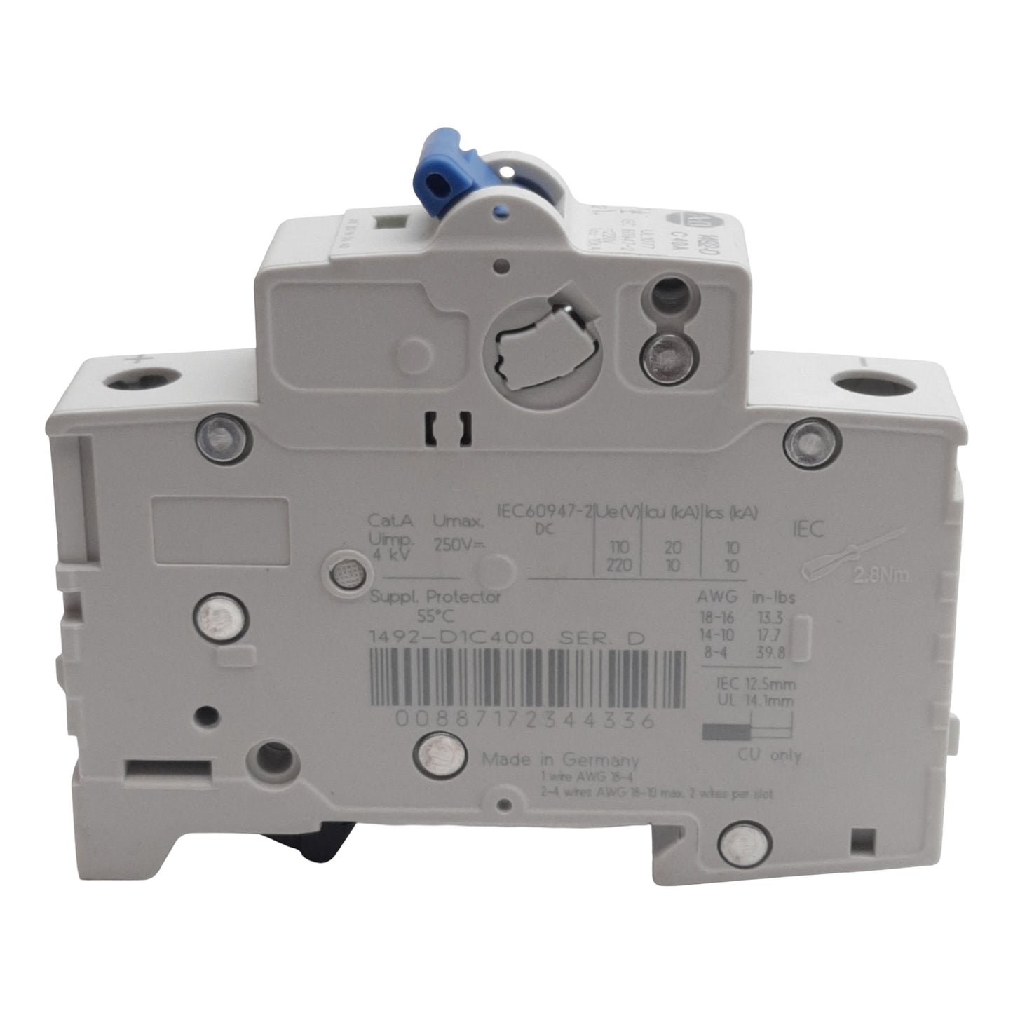 Used Allen Bradley 1492-D1C400 Circuit Breaker, 1-Pole, 40A 250VDC, DIN Rail