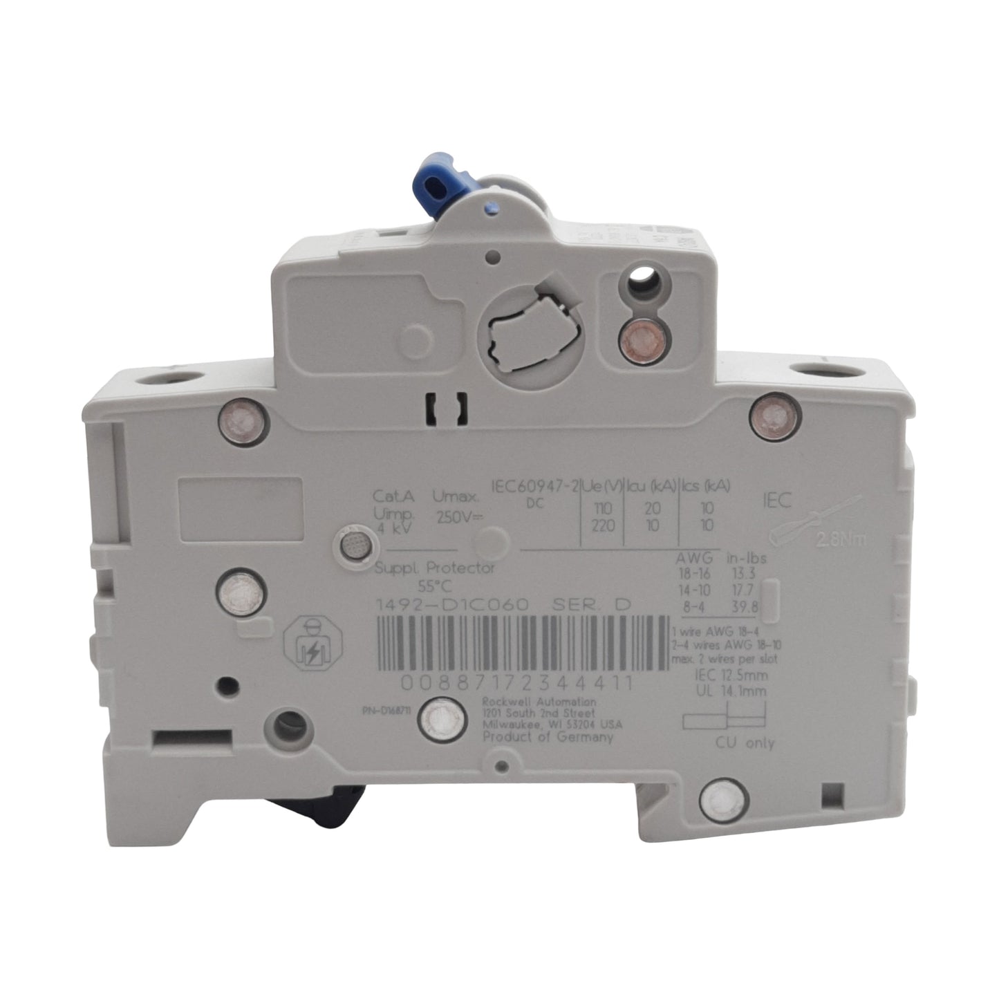 Used Allen Bradley 1492-D1C060 Circuit Breaker, 1-Pole, 6A 250VDC, DIN Rail