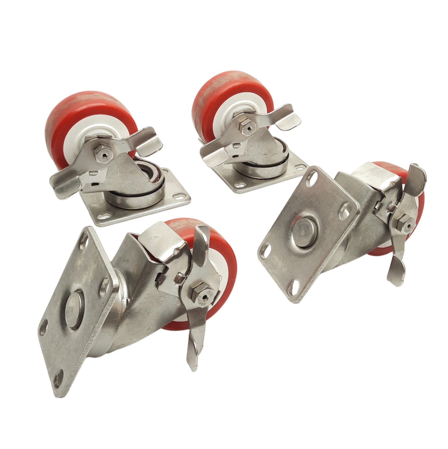 Used Lot of 4 Locking Swivel Casters, ø4in x 1.25in Wheel, 2.5in x 3.6in Plate