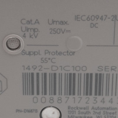 Used Allen Bradley 1492-D1C100 Circuit Breaker, 1-Pole, 10A 250VDC, DIN Rail