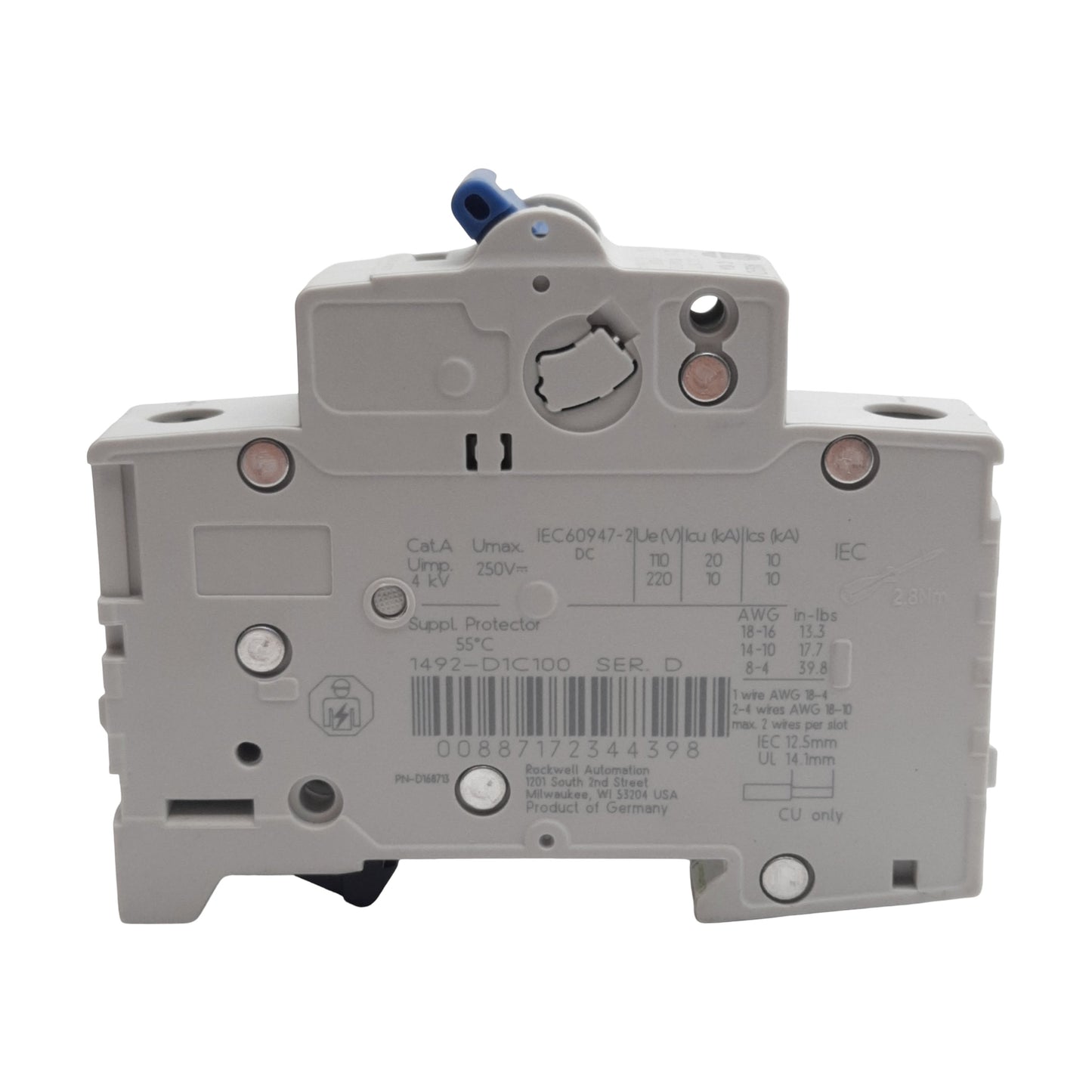 Used Allen Bradley 1492-D1C100 Circuit Breaker, 1-Pole, 10A 250VDC, DIN Rail