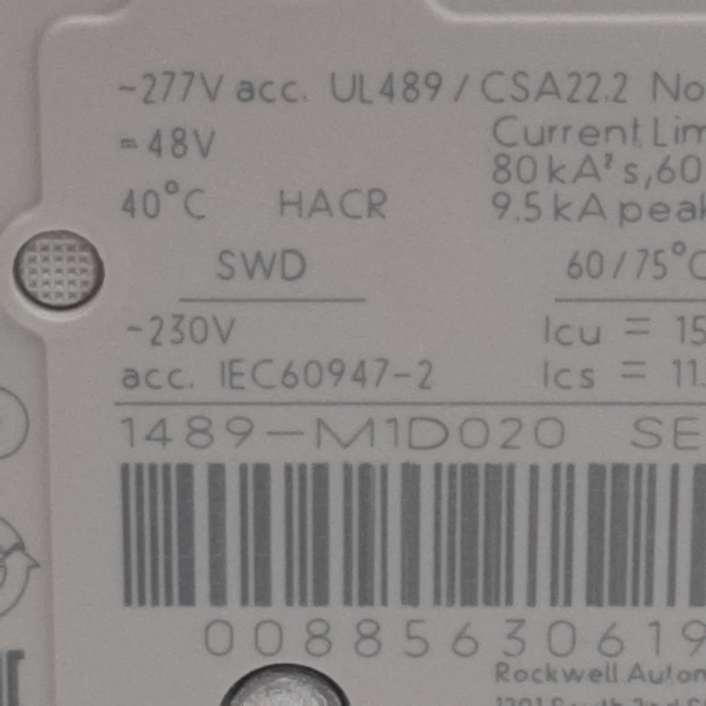 Used Allen Bradley 1489-M1D020 Circuit Breaker, 1-Pole, 2A 277VAC/48VDC, DIN Rail