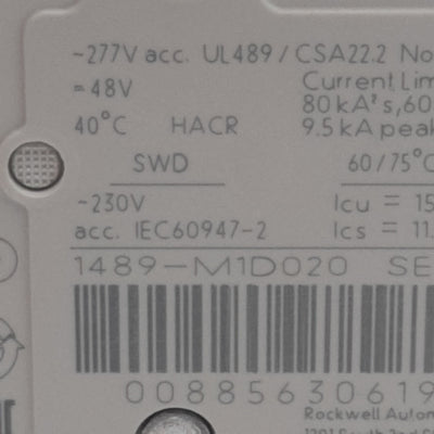 Used Allen Bradley 1489-M1D020 Circuit Breaker, 1-Pole, 2A 277VAC/48VDC, DIN Rail