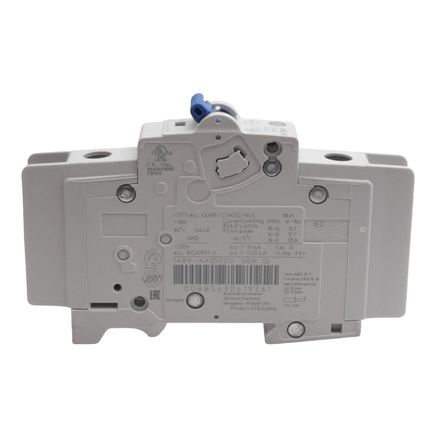 Used Allen Bradley 1489-M1D020 Circuit Breaker, 1-Pole, 2A 277VAC/48VDC, DIN Rail