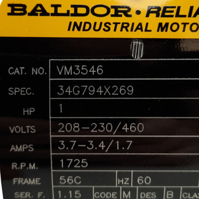 New Baldor VM3546 AC Motor, 208-230/460VAC 3-PH, 1HP, 1800RPM, 56C Frame