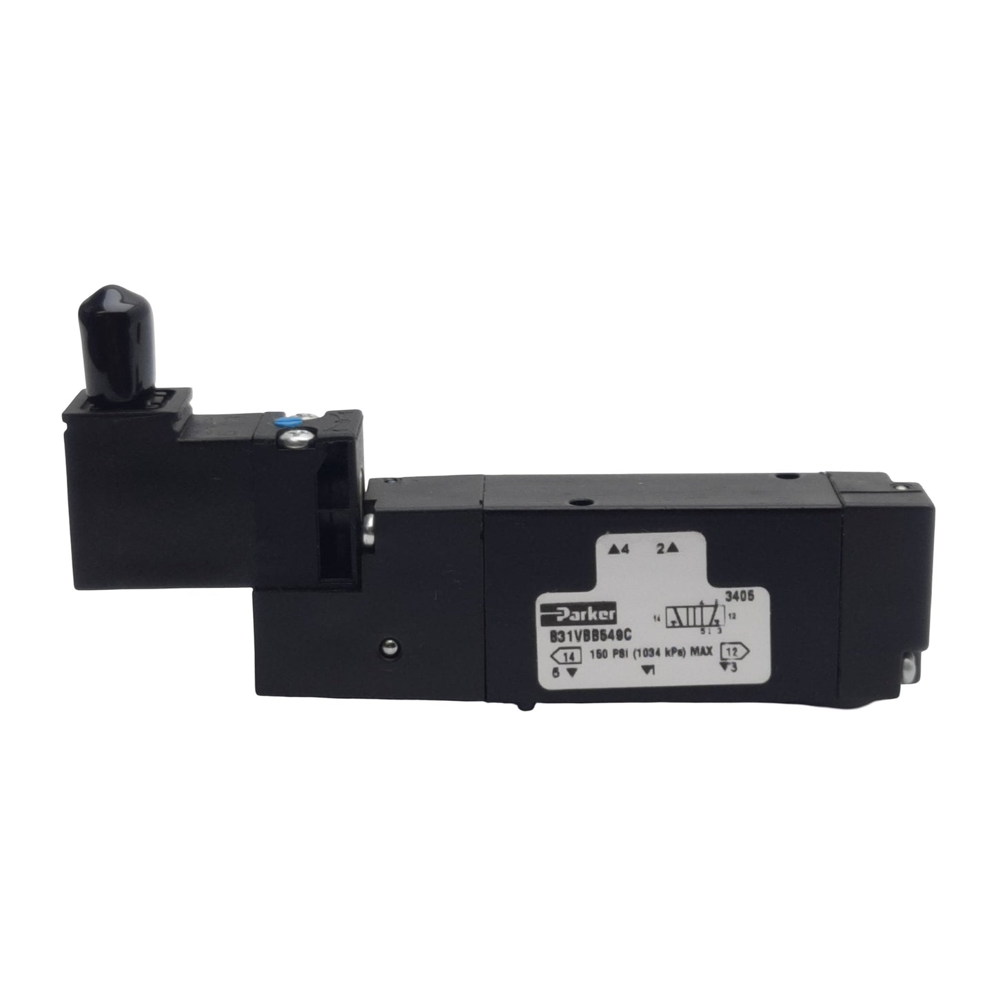 Used Parker B31VBB549C Solenoid Valve, 2-Way, 150psi, 15mm 3-Pin DIN, 24VDC Coil