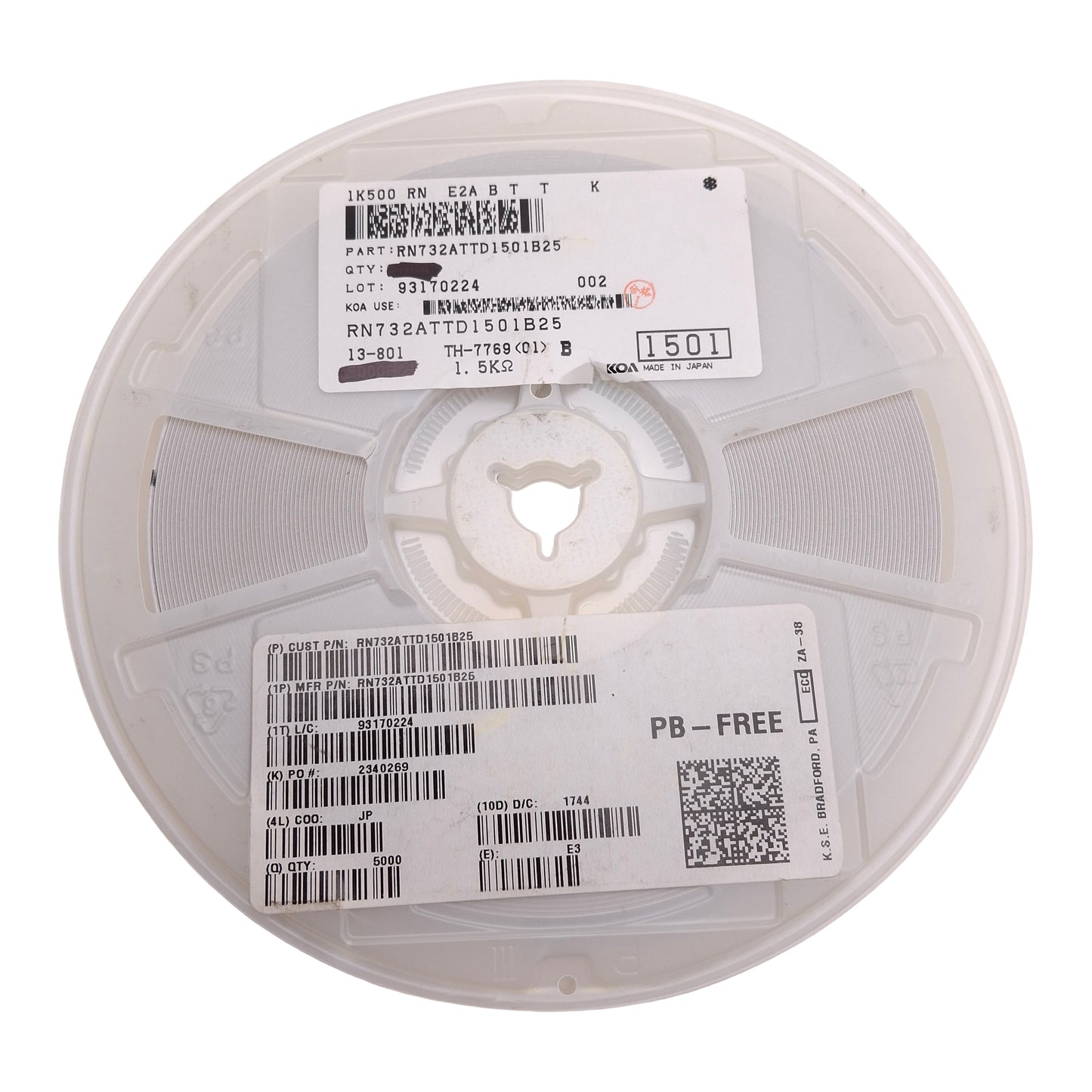 New Lot of 4000 KOA Speer RN732ATTD1501B25 Chip Resistor, 1.5k Ohms ± 0.1%, 1/10W