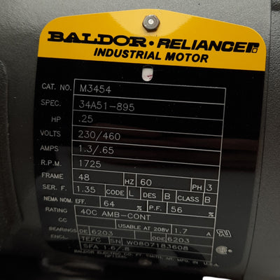 New Baldor M3454 AC Motor 230V/460VAC 3-Ph, 1/4HP, 1735RPM, Frame Size 48