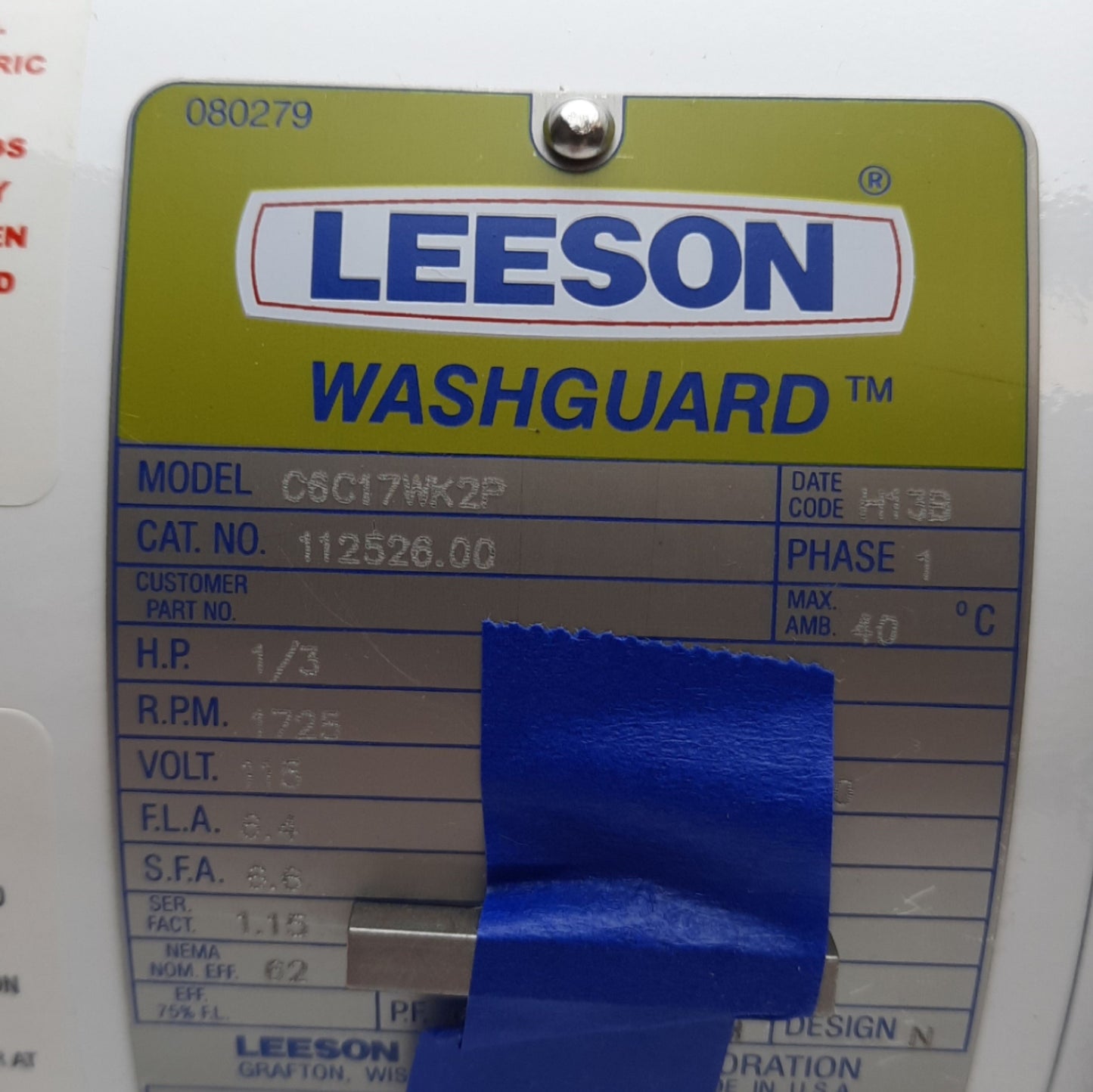 New Leeson 112526.00 WashGuard Motor, 115/230VAC 1-Ph, 1/3HP, 56C Frame, 1725RPM