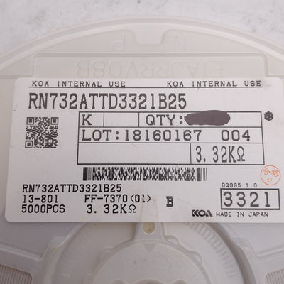 New Lot of 1250 KOA Speer RN73R2ATTD3321B25 Chip Resistor, 3.32k Ohm ± 0.1%, 1/8W