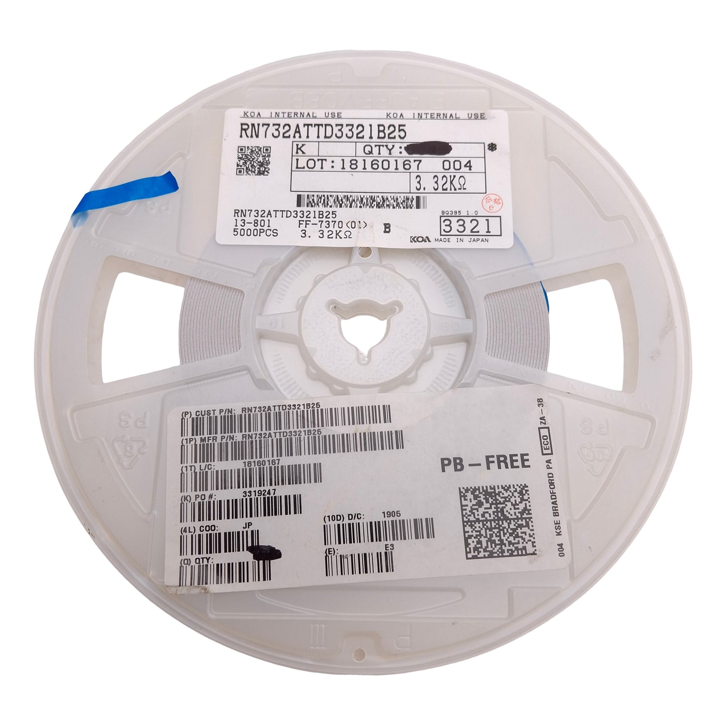 New Lot of 1250 KOA Speer RN73R2ATTD3321B25 Chip Resistor, 3.32k Ohm ± 0.1%, 1/8W