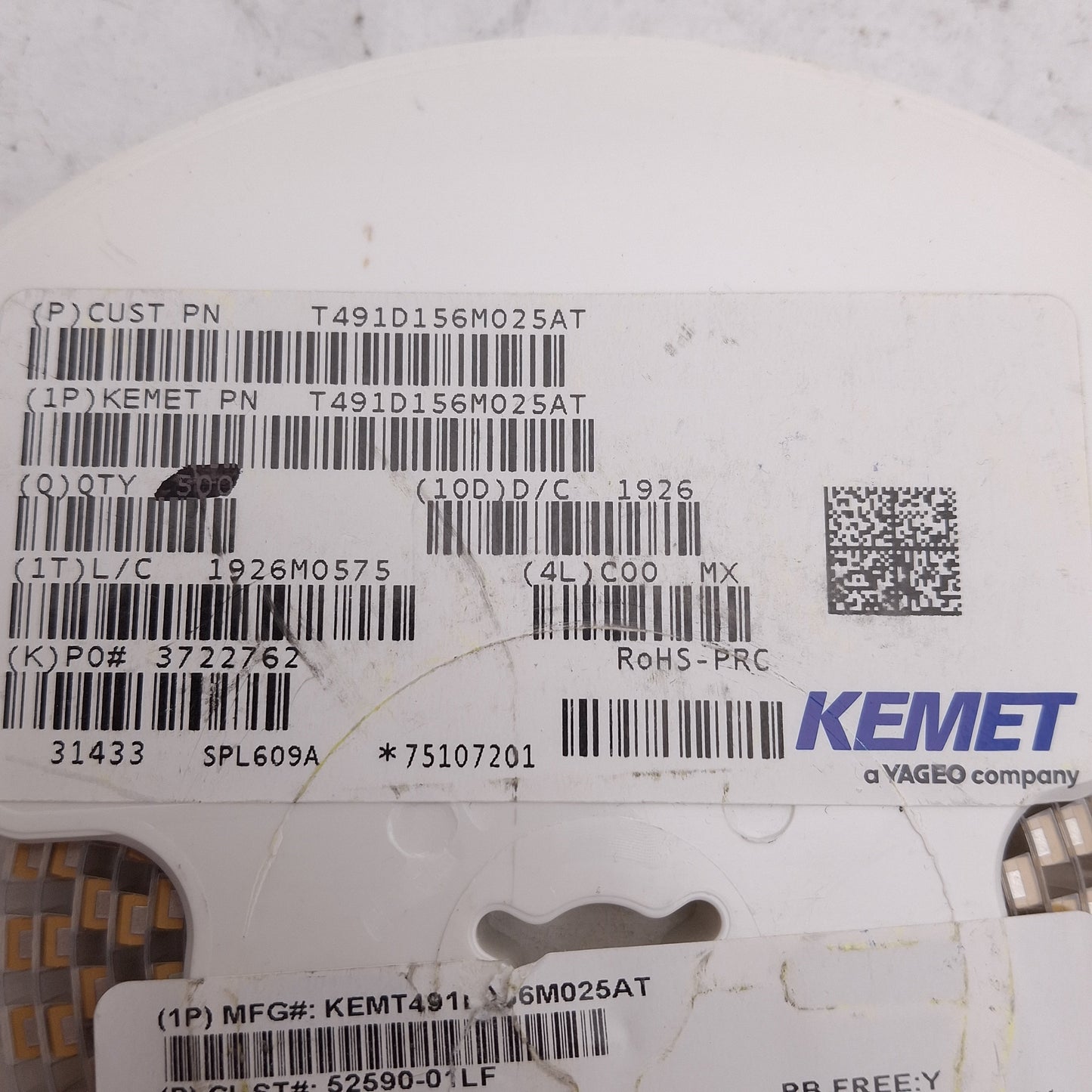 New Lot of 200 KEMET T491D156M025AT Molded Tantalum Capacitor, 15µF, 25V, 1 Ohm