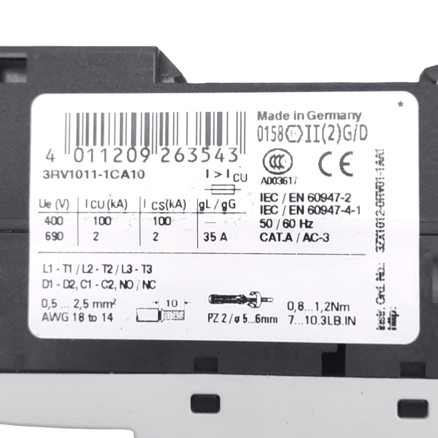 New – Open box Siemens 3RV1011-1CA10 Motor Circuit Breaker, 1.8-2.5A, 1NC 1NO Aux, 690VAC